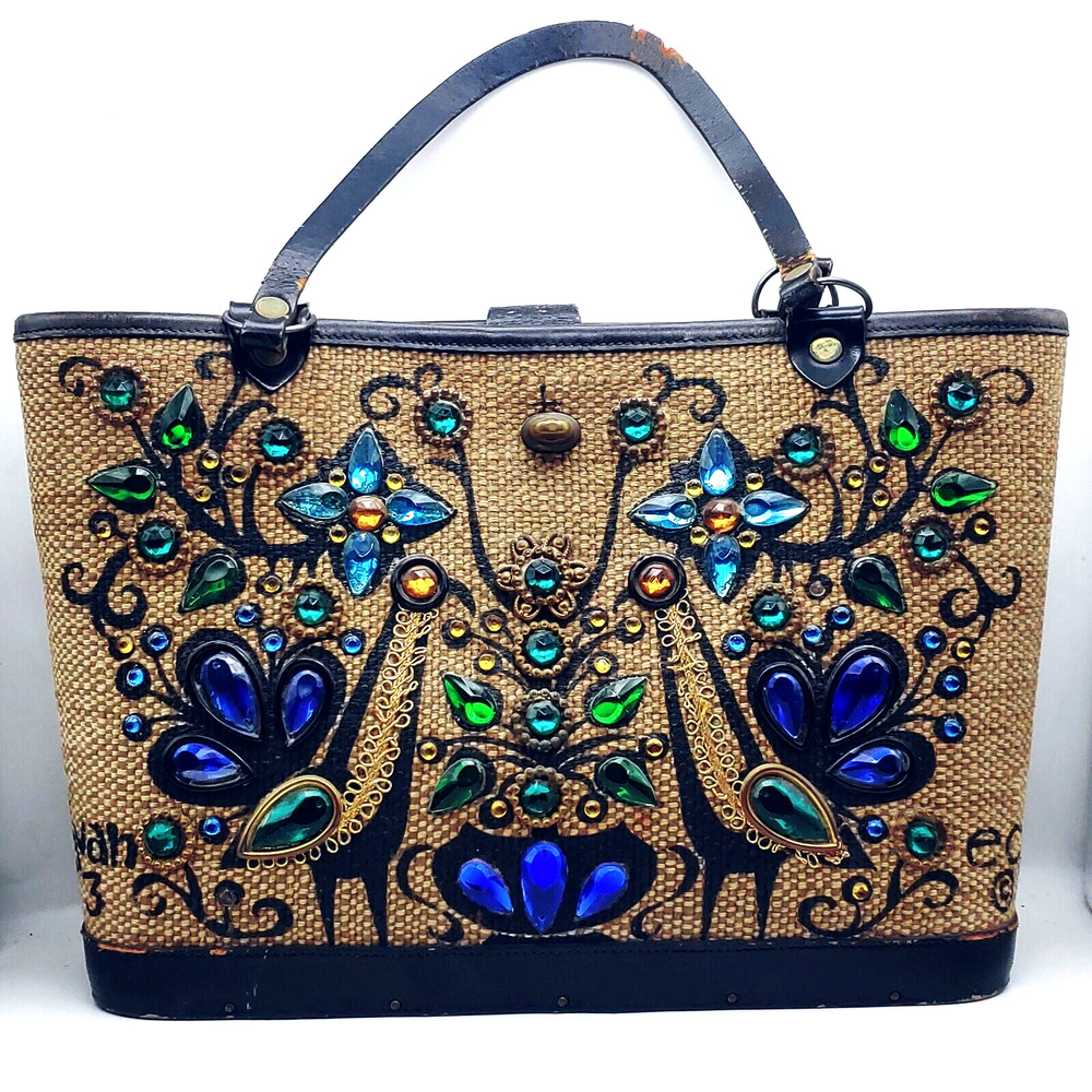 Vintage Enid Collins Purse Pavan Pheasant Peacock Blue Jewels Wooden Base Bucket